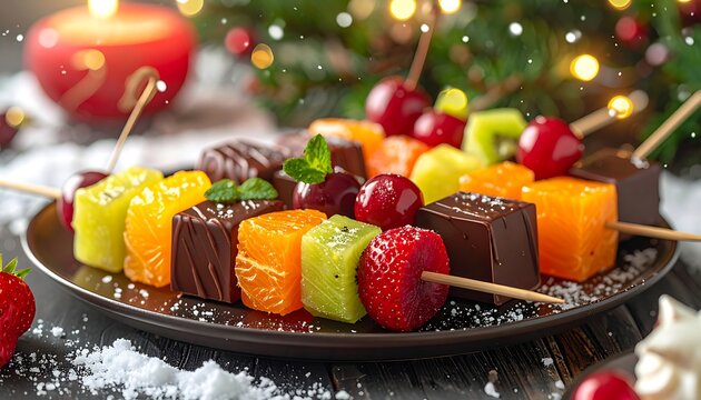 Festive fruit skewers on brown plate, adorned with mint, chocolate, & cherries, near candle & snowy Christmas tree