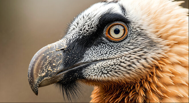 Bearded vulture close up face with feathered head and sharp beak