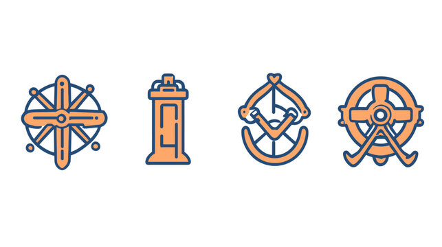 Four stylized icons featuring ship wheels, tower, and other abstract shapes against white background