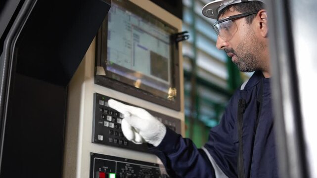 Precision engineering action industrial facility technical operation workshop environment close-up view machine monitoring