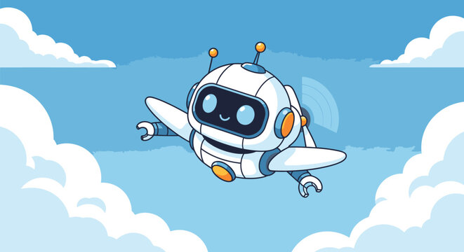 Robot Drone Flying Through Cloudy Sky.