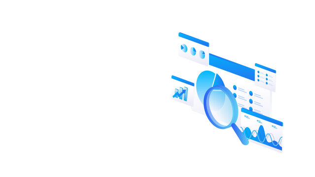 Isometric stock market data analysis with magnifying glass, business financial analytics dashboard, and market data analytics concept in blue digital style