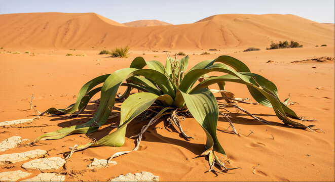 Welwitschia plant surviving in arid desert sand dunes