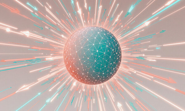 Sphere of Infinite Expansion - Minimalist spherical void infused with gradients of coral and teal, holographic graphs orbit like radiant