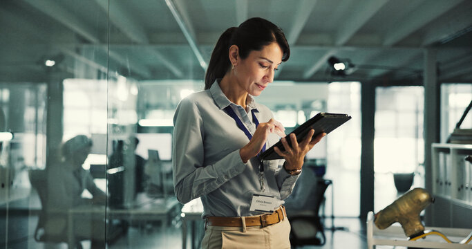 Reading, programmer and woman with tablet in office, ai model prototyping or server configuration. Review, system testing or technician with tech for software development, upgrade planning or project