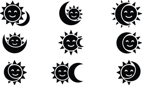 Sammlung von neun l&auml;chelnden Sonne-und-Mond-Symbolen in schwarzer Silhouette.