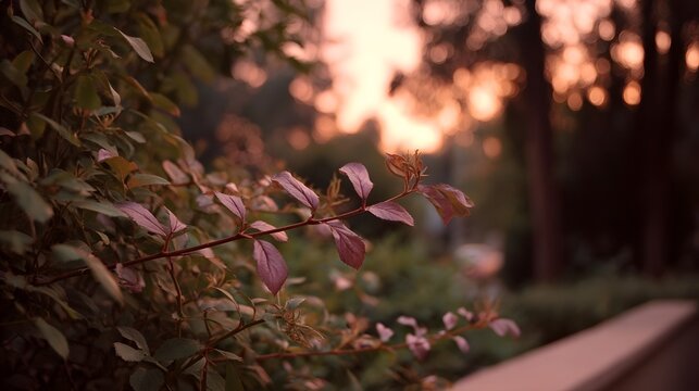 Warm autumn foliage viewed during the tranquil hours of dusk characterized by soft golden ambient light and deep bokeh