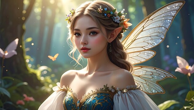 Ethereal fairy maiden with delicate wings and floral crown stands in a sun-drenched forest clearing, gazing directly