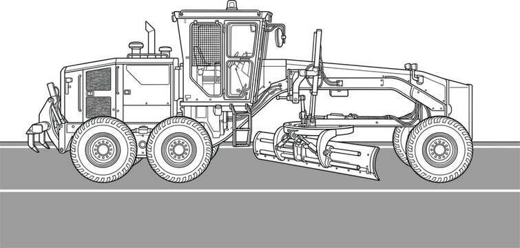 Motor grader construction machine leveling road surface with precision blade control in detailed heavy equipment line vector illustration