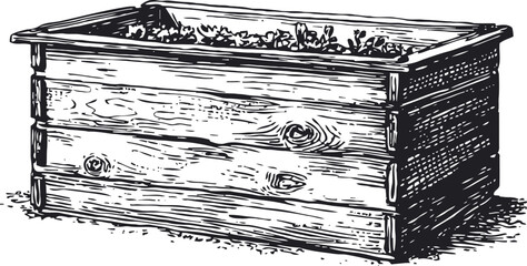 Fototapeta premium wooden raised garden bed filled with soil for planting vegetables and flowers, vintage sketch