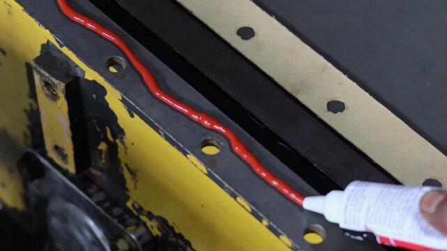 Close up of a mechanic's hands applying high temperature red RTV silicone sealant to a metal surface for a leak-proof seal. Essential maintenance for industrial machinery and automotive repair.