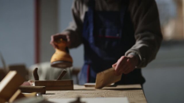 A person actively sands a wooden board using an electric orbital sander. The worker meticulously smooths the wood surface in a workshop environment.
