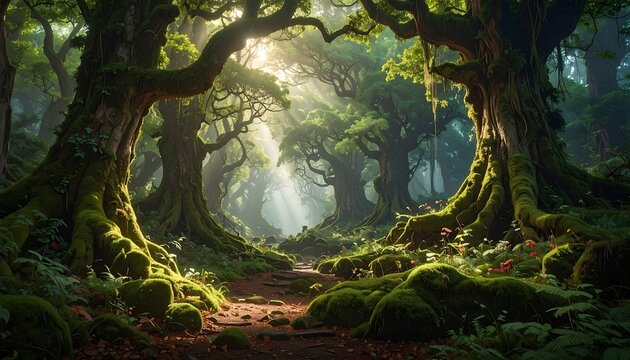 A serene forest path lined with ancient trees and lush greenery