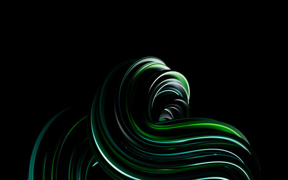 Glossy Green Teal 3D Abstract Spiral Rings on Black Background