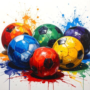 Vibrant colorful soccer balls with paint splatters on white background