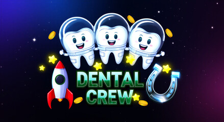 Naklejka premium Cute cartoon astronaut teeth characters with rocket and lucky symbols for dental care promotion and fun kids design