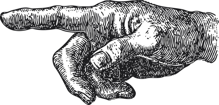 Vintage detailed hand pointing finger leftward engraved illustration of human hand gesture