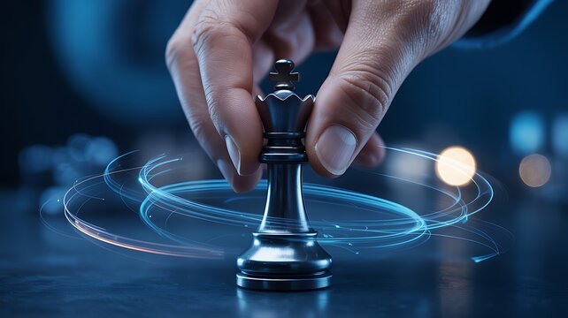 Hand of a businessman moving a metallic king chess piece with swirling digital light effects, business leadership concept.