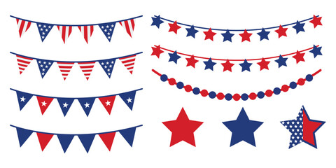 Obraz premium Set of patriotic bunting USA flags and stars for 4th of july, independence day, memorial day, usa celebration, vector illustration