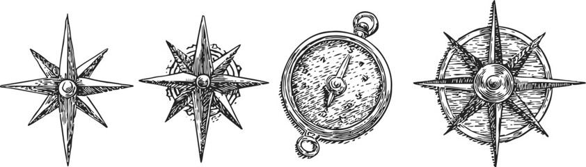 Naklejka premium Vintage compass and nautical star illustrations with detailed hand drawn designs and intricate linework