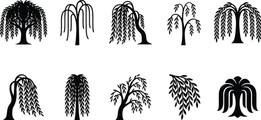 Set von zehn verschiedenen schwarzen Silhouetten von Trauerweiden-Bäumen. © Insa Batool