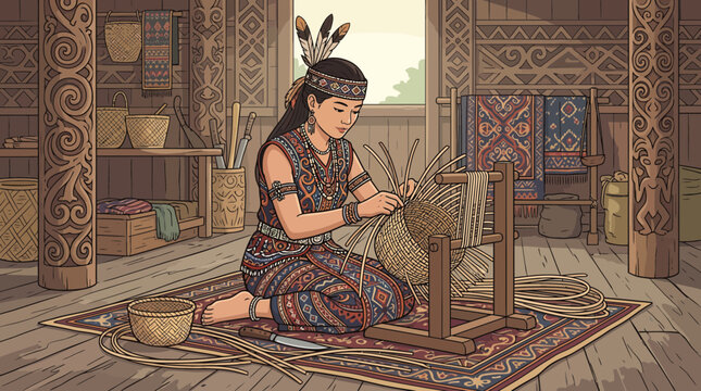 Flat vector illustration of a Dayak woman weaving a rattan basket inside a traditional longhouse, highlighting Indonesian culture, craftsmanship, and ethnic lifestyle in clean modern style.