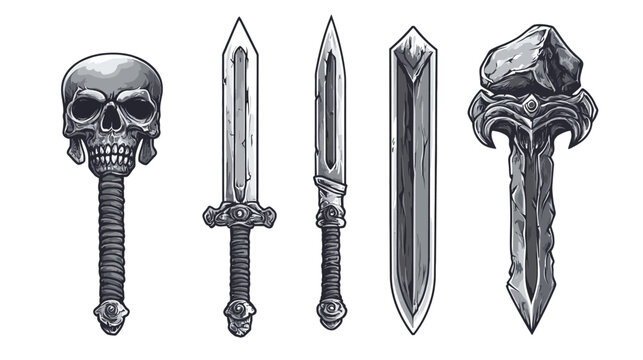 Black and white illustration of four swords and one skull mace, stylized for a fantasy theme