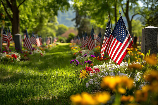 a photo of american flags adorning the graves in a cemetery on a hillside