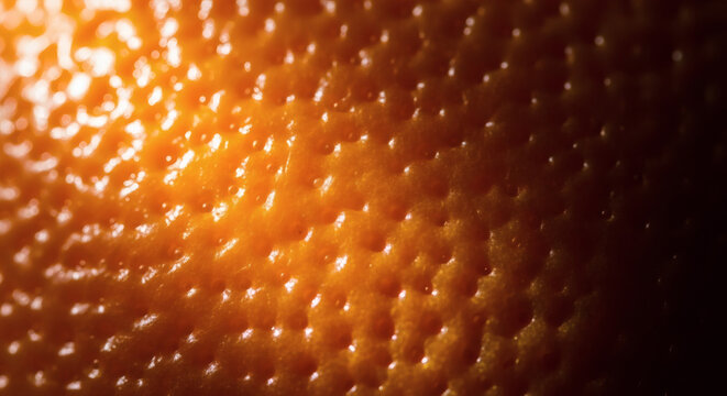 Captivating close-up of a citrus fruit's textured skin, revealing the vibrant, dimpled surface and intricate organic patterns under a dramatic, warm light