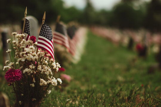 a photo of american flags adorning the graves in a cemetery on a hillside