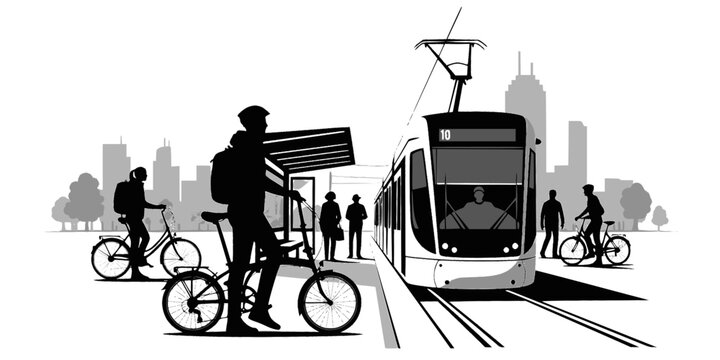 Multimodal Commuter with Folding Bike on Tram Silhouette