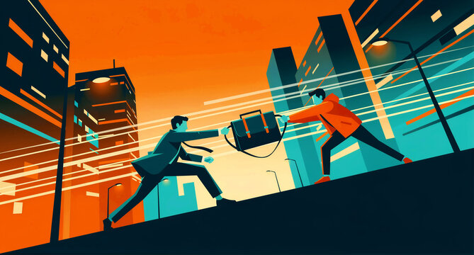 Two men pulling a briefcase in opposite directions in a city. Rivalry and professional conflict against urban skyscrapers. Business competition concept for corporate struggle and legal ads.