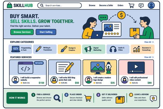 Skillhub platform showcasing services and categories for skill exchange and learning
