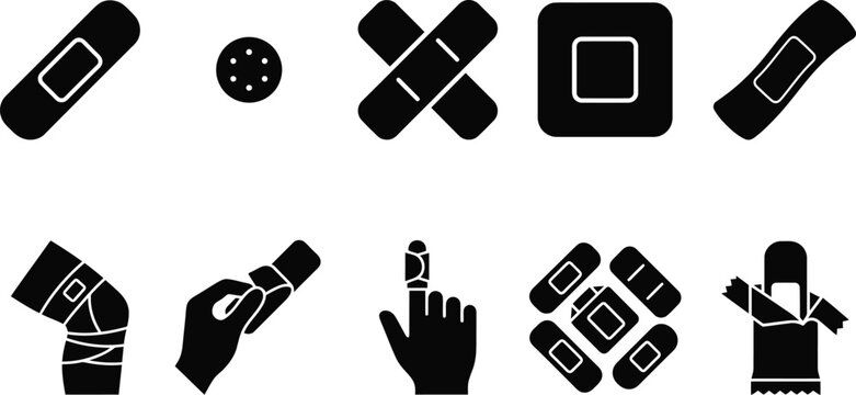 Sammlung von schwarzen Silhouetten-Icons f&uuml;r Pflaster und medizinische Verb&auml;nde.