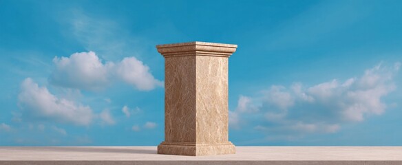 Obraz premium beige sandstone column pedestal under a blue sky with fluffy clouds for outdoor product showcase