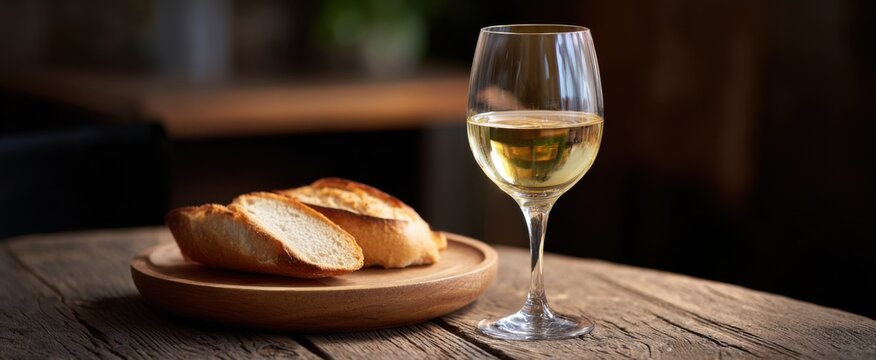 Elegant white wine glass and artisanal bread platter on a charming rustic table in a cozy bistro