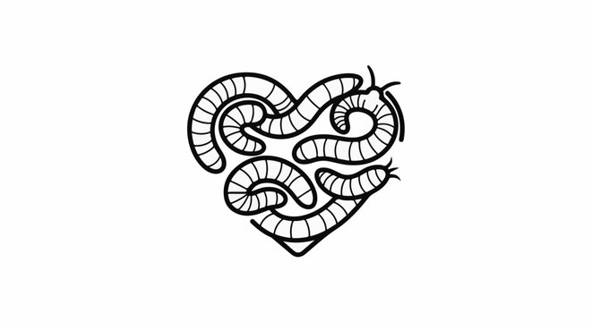 A black and white heart-shaped design composed of wriggling segmented worms