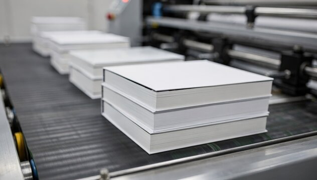 Crisp focus on freshly printed shortrun novels drying on a conveyor with the micro print rooms subtle blur creating depth and professionalism.