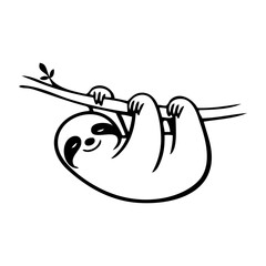 Logotipo con dibujo minimalista con líneas de un perezoso simpático colgado de la rama de un árbol, con una carita adorable © teracreonte