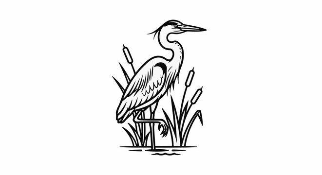 A stylized black and white illustration of a heron standing in water among reeds