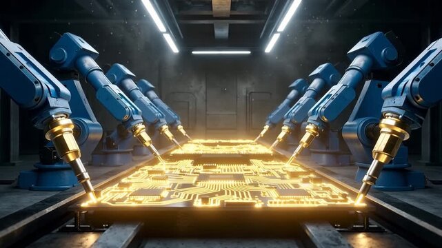Automated Smart Factory Robotic Arms Assembling Glowing Circuit Boards: Industry 4.0 High-Tech Microchip Production Concept