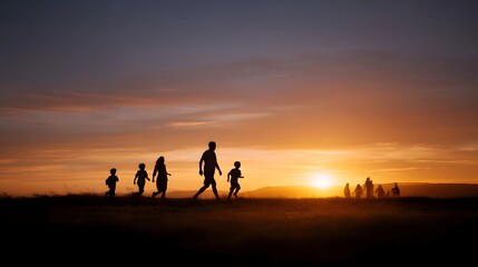 Fototapeta premium Silhouettes of a group of people running and playing together against a vibrant sunset backdrop at an open field
