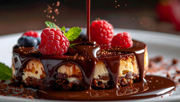 Chocolate syrup pouring over dessert rich glossy texture extreme sweet indulgent scene