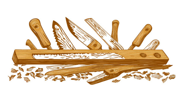 Stylized illustration of wooden tools, including knives and chisels, displayed on a wooden surface