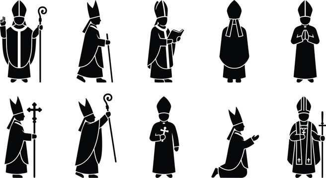 Sammlung von zehn schwarzen Piktogrammen eines Bischofs in verschiedenen liturgischen Handlungen und Posen.