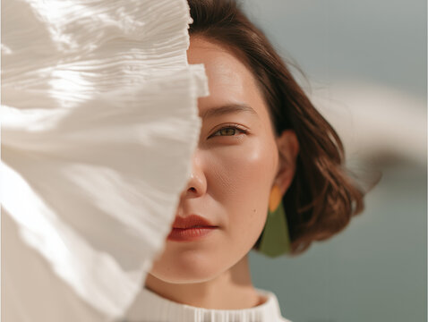 Artistic close-up of a woman's face partially obscured by a pleated white fabric, highlighting a single green eye, red lips, and a bold green earring
