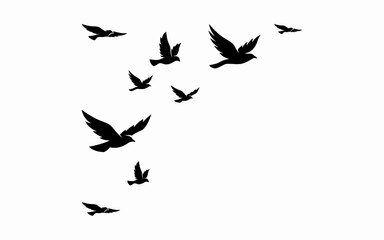 Fototapeta premium Flock of Birds Silhouette Flying in Sky Minimal Black Vector Isolated on White Background