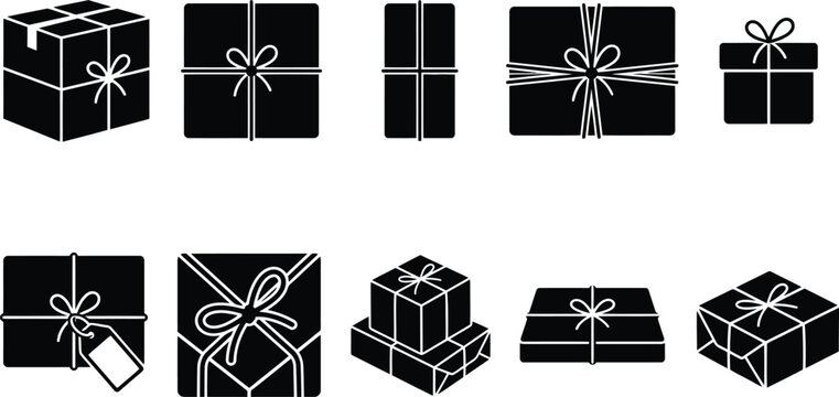 Set von verschiedenen Geschenkbox-Silhouetten mit Schleifen isoliert auf wei&szlig;em Hintergrund.