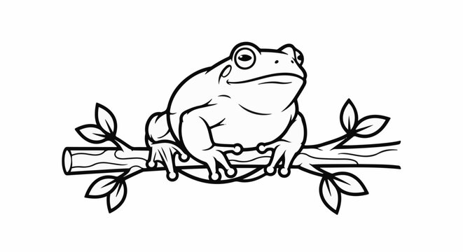 Black and white drawing of a plump frog sitting on a branch with leaves