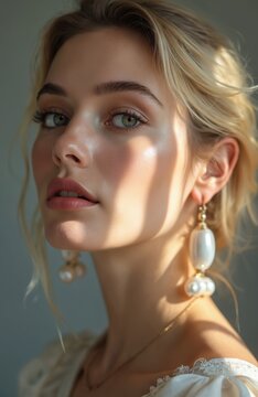 Blonde woman face in soft sunlight. She wears elegant pearl earrings and light makeup. Portrait focuses on beauty and style. She looks into camera.